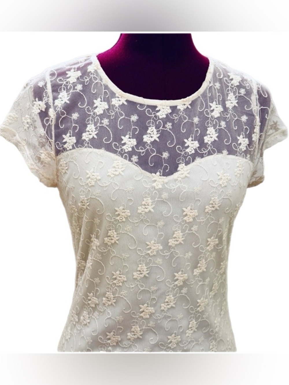 Free People Ivory Lace Mini Dress Sheer Floral Boho Bridal Large - Picture 5 of 8